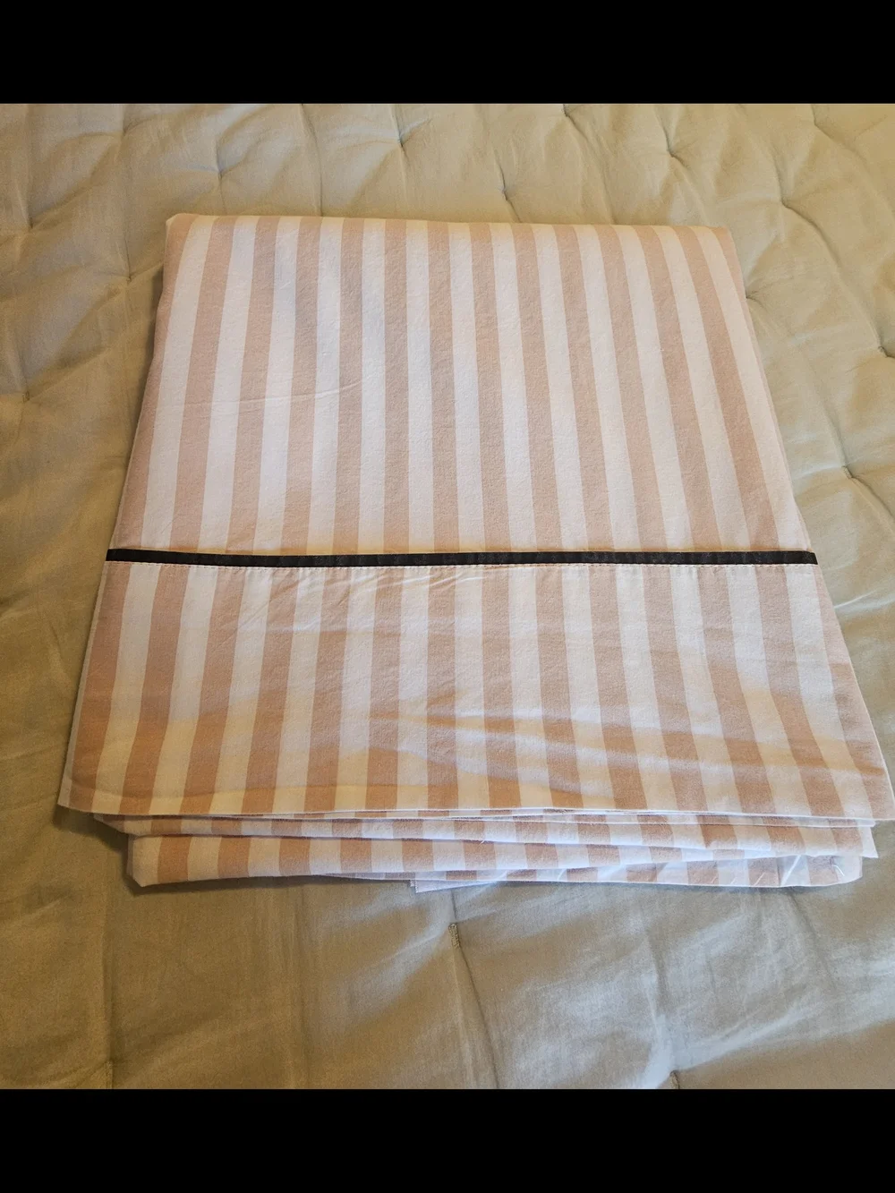 Pottery Barn Teen Tan and White Striped Flat Sheetwith Dark Trim -Queen